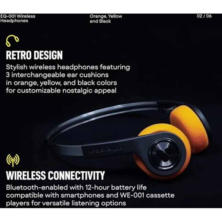 We Are Rewind EQ-001 Wireless Kopfhörer mit 12 Stunden Akkulaufzeit, integriertem Mikrofon und austauschbaren Ohrpolstern. – Bild 2