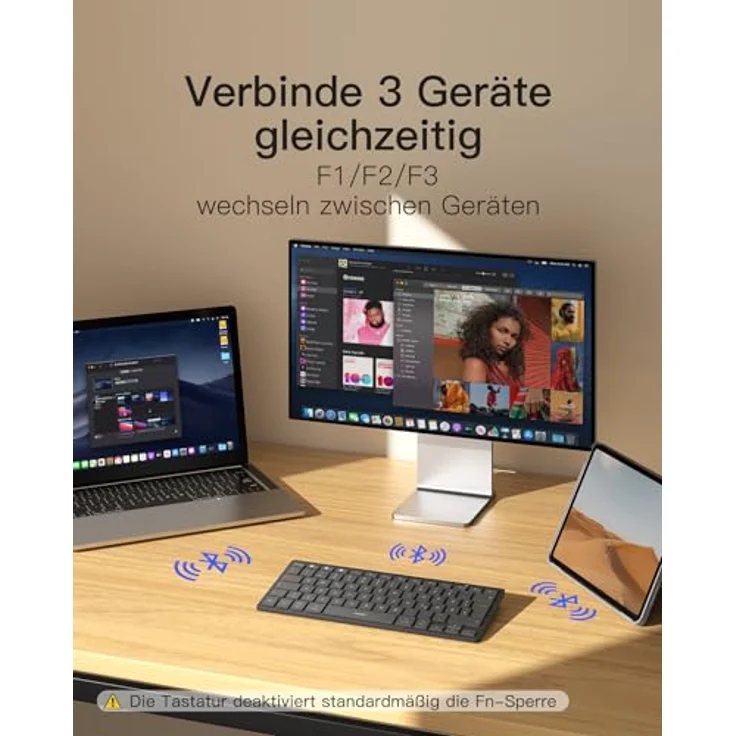 Inateck KB01003 Bluetooth-Tastatur, kabellose Funktastatur mit 3 Bluetooth-Verbindungen, ergonomisches Design, QWERTZ, vergrößerte Tastenkappen, kompatibel mit iPad Pro/Air/Mini, Windows, Android, iOS, ultradünn – Bild 2