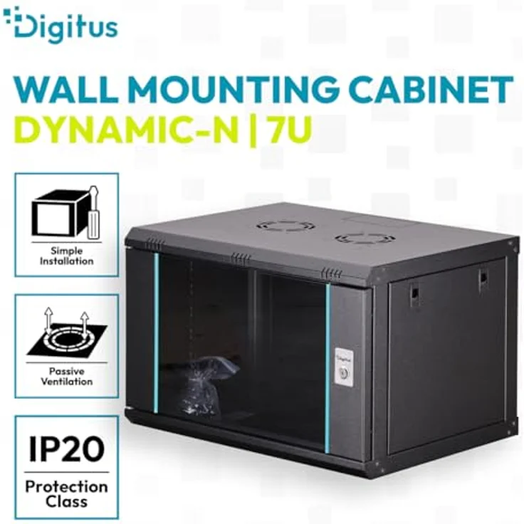 DIGITUS Netzwerkschrank 19-Zoll Rack 7HE, unmontiert, Wandmontage, 450 mm Tiefe, Glastür, Dynamic-N Serie, Schwarz, 60 kg Traglast – Bild 2