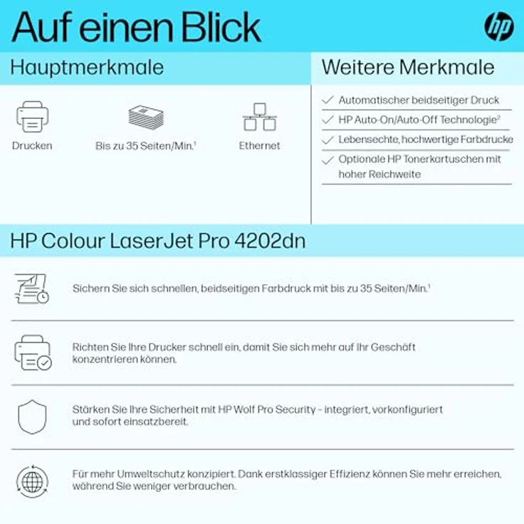 HP Color Laserjet Pro 4202dn Multifunktions-Laserdrucker, Drucker, Duplex-Druck, WLAN, LAN, Ethernet, Airprint, für Arbeitsteams mit bis zu 10 Benutzern, Instant Ink für Toner verfügbar – Bild 3
