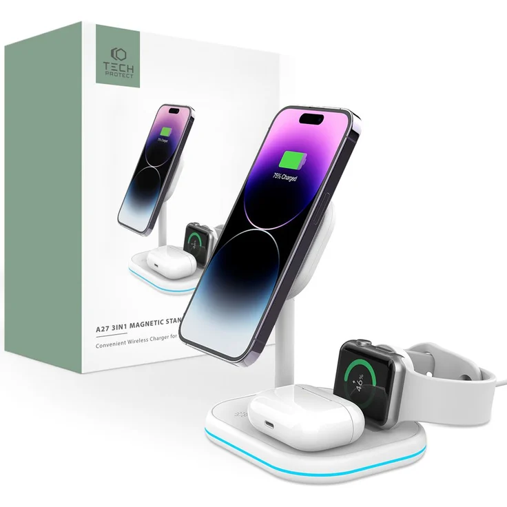 Tech-Protect Qi15W-A27 3in1 Magnetisches MagSafe Drahtloses Ladegerät, Weiss, für Smartphone, Apple Watch und kabellose Kopfhörer, LED-Beleuchtung, Sicherheitssystem