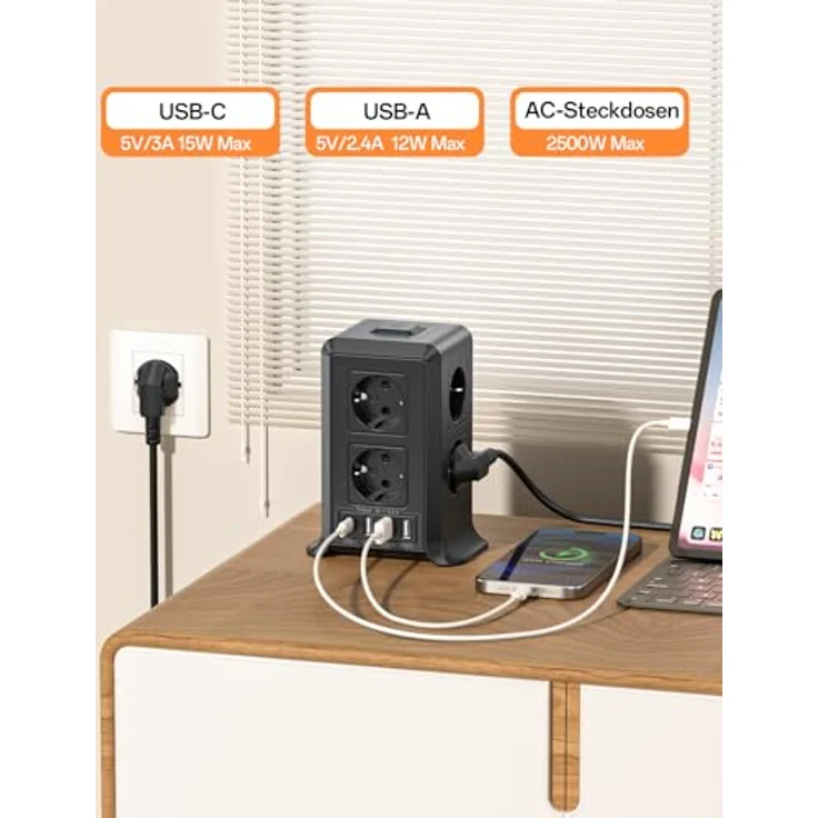KEMELO Mehrfachsteckdose 12 IN 1, 8 Fach Steckdosenleiste mit 4 USB-A und 1 USB-C, 2M Verlängerungskabel, kompaktes Turmdesign mit Überspannungsschutz, für Zuhause und Büro – Bild 3