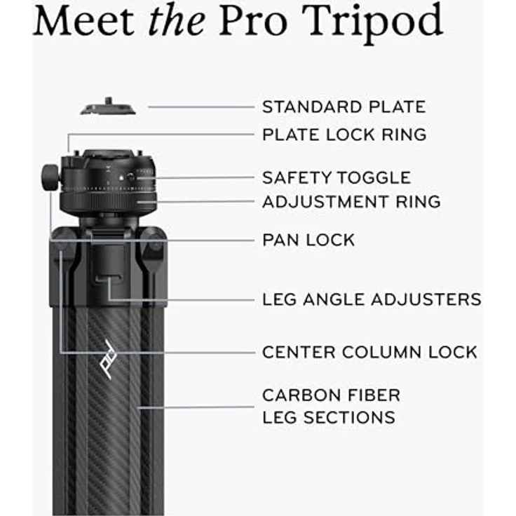 Peak Design Pro Lite Tripod, leichtes Stativ mit 15,9 kg Tragkraft und Pro-Kugelkopf, schwarz – Bild 3