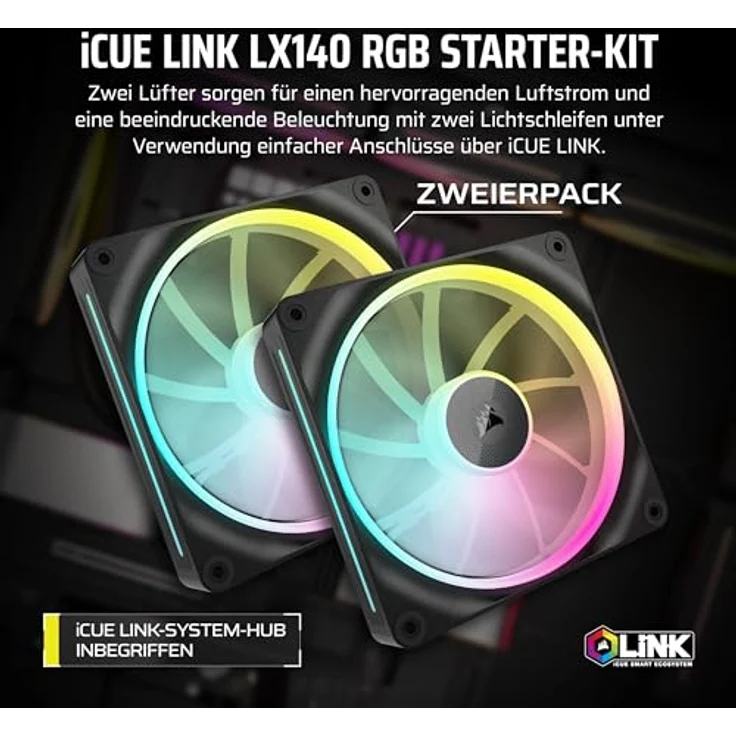 Corsair iCUE LINK LX140 RGB 140mm PWM-Lüfter Doppelpack Schwarz - Zwei Lichtschleifen, iCUE LINK System Hub, AirGuide Technologie - Preisvergleich – Bild 2