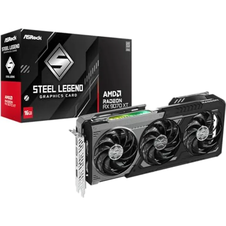 ASRock Radeon RX 9070 XT Steel Legend Dark, Grafikkarte mit 16GB GDDR6, 2970MHz Boost Clock, 3 x DisplayPort 2.1a, HDMI 2.1b