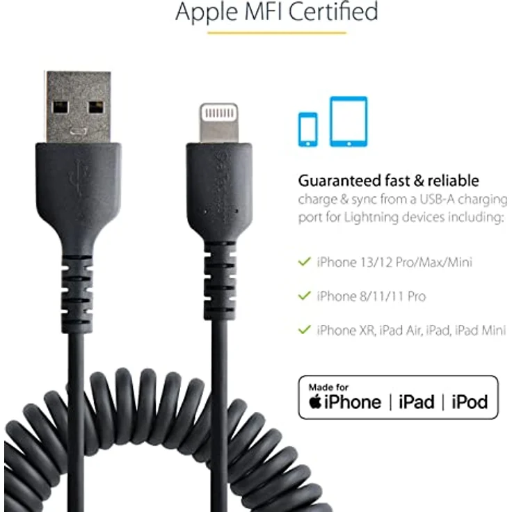 StarTech.com 1m USB auf Lightning Kabel, Spiralkabel, MFi zertifiziert, Schnellladekabel für iPhone/iPad, Schwarz, robuster TPE Mantel mit Aramidfaser, USB 2.0 Kabel (RUSB2ALT1MBC) – Bild 5