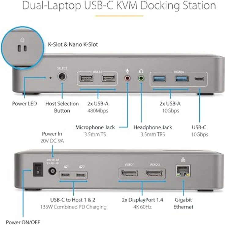 StarTech.com Dual Monitor USB-C KVM Dockingstation für Zwei Laptops, 2X 4K 60Hz DisplayPort Dock/KVM Switch, 5X USB, 90W/45W Power Delivery für Zwei Notebooks, Windows/macOS (129UE-USBC-KVM-DOCK) – Bild 3