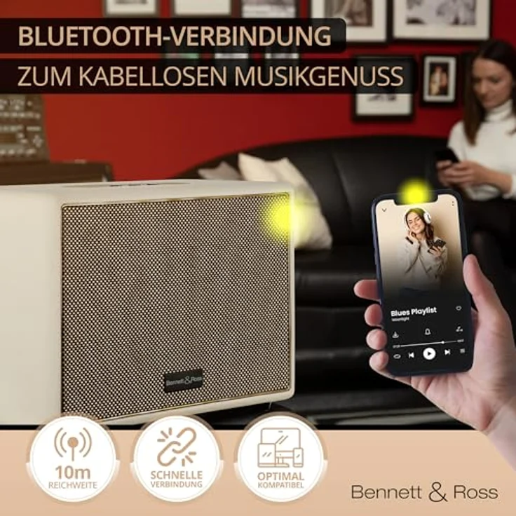 Bennett & Ross BB-880CW Blackmore Giant, Bluetooth-Lautsprecher mit 80 W RMS Leistung, creme-weiß – Bild 7