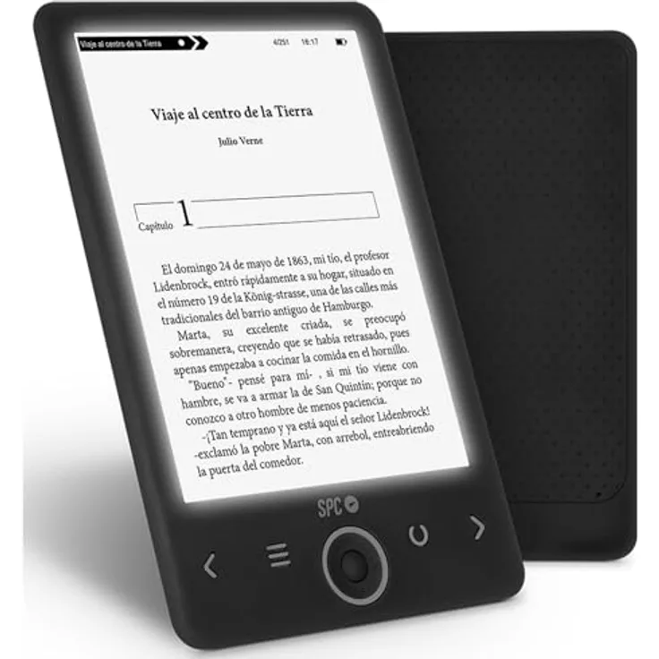 SPC Dickens Light 2 – Elektronisches Buch mit hintergrundbeleuchtetem Display und Licht mit 6 Intensitätsstufen, Tasten auf der Vorderseite, Autonomie von einem Monat, Schwarz