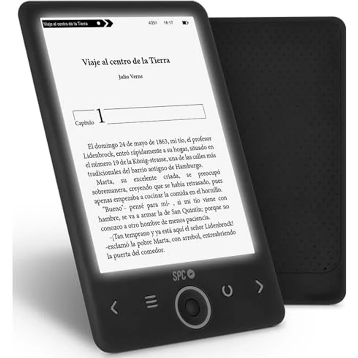 SPC Dickens Light 2 – Elektronisches Buch mit hintergrundbeleuchtetem Display und Licht mit 6 Intensitätsstufen, Tasten auf der Vorderseite, Autonomie von einem Monat, Schwarz – Bild 1