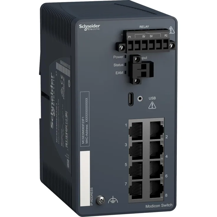 Schneider Electric MCSESM083F23F1, 8-Port Managed Netzwerk Switch mit Ethernet TCP/IP, kompakt und energieeffizient, DIN-Befestigung