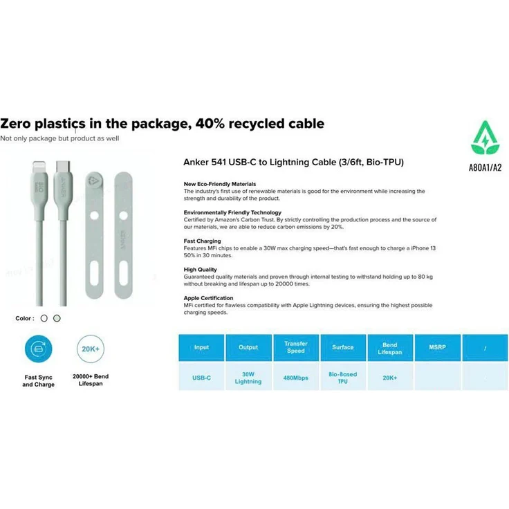 Anker 541 USB-C-auf-Lightning-Kabel, aus pflanzlichen Materialien, 180 cm