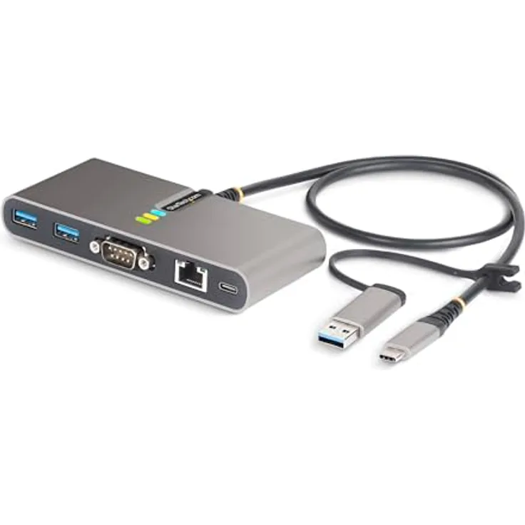 StarTech.com 2-Port USB-C Hub mit Ethernet und RS232 Port, USB-A Adapter, 100W Power Delivery Pass-Through, 2X USB-A 5Gbps