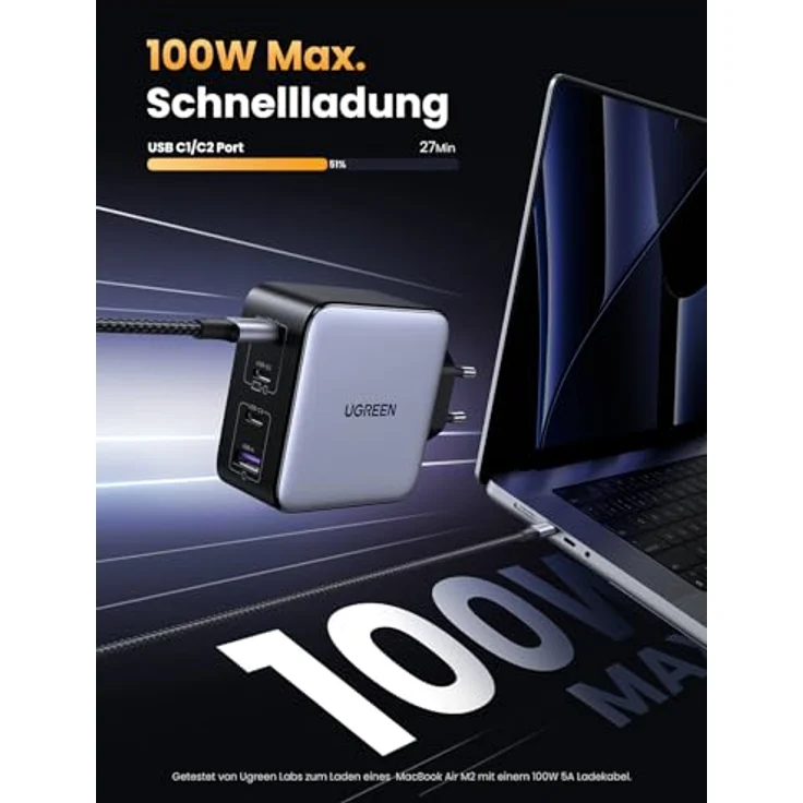 UGREEN USB-A+3xUSB-C 100W GaN Tech Fast Wall Charger EU Black – Bild 2