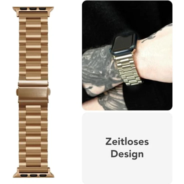 NALIA Mova Edelstahl Armband für Apple Watch Series Ultra/SE 10/9/8/7/6/5/4/3/2/1, 42/44/45/46/49mm, rostfrei, Doppelfaltschließe, Farbe: Königs Gold – Bild 4