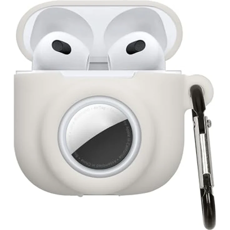 kwmobile 2-in-1 Hülle für Apple AirPods 4 und AirTag, Silikon Schutzhülle mit Karabiner - Weiß – Bild 1