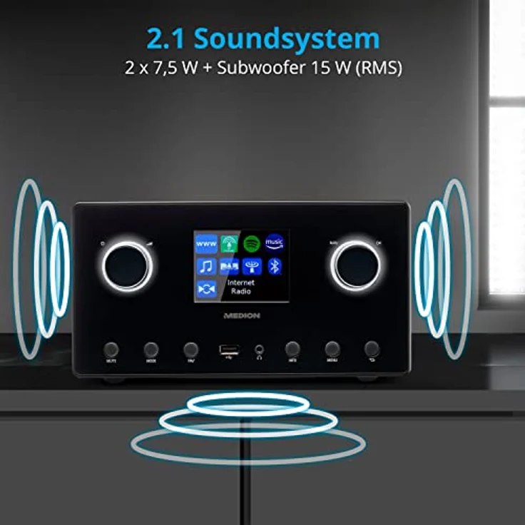 MEDION P85444 2.1 Internetradio mit Subwoofer (DAB+, UKW Radio, Spotify Connect, WLAN, Bluetooth, Streaming, Equalizer, Farbdisplay, USB, AUX, Wecker, Schlummerfunktion, Sleep Timer) in schwarz – Bild 4