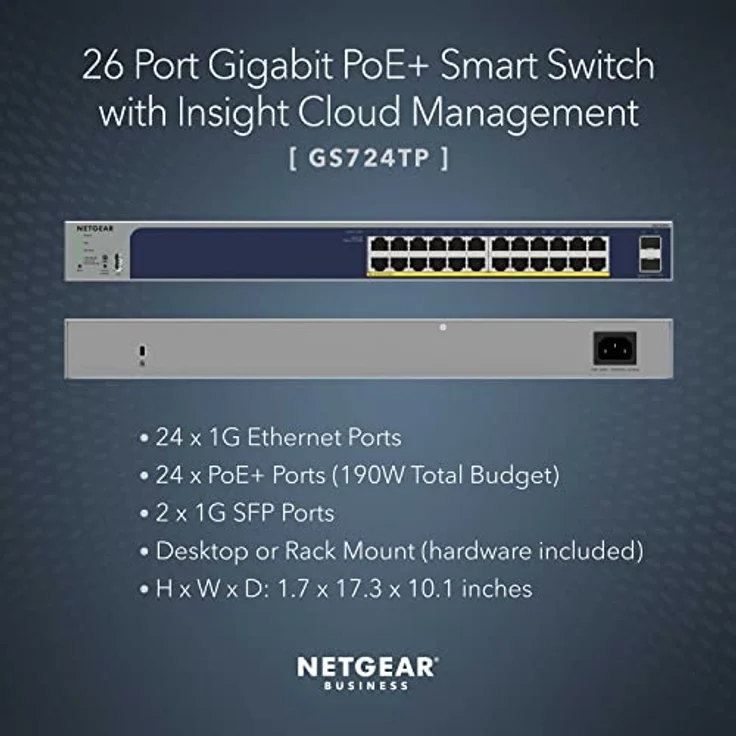 NETGEAR PoE Switch 24 Port (GS724TP V3), Gigabit PoE+ Smart Managed Switch 19 Zoll, 24x PoE+ 190W, 2X 1G-SFP, Desktop oder Rack-Montage, ProSAFE Lifetime-Garantie – Bild 2