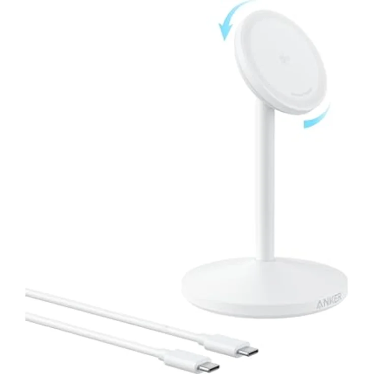 Anker MagGo Wireless Charger (15W), kabelloses Ladegerät mit integriertem Ständer und 360° Drehmechanismus, Weiss – Bild 1