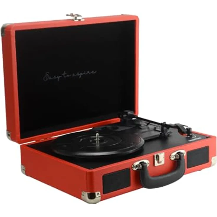 PRIXTON - Vintage Vinyl-Plattenspieler, Vinyl-Player und Musik-Player über Bluetooth und USB, 2 eingebaute Lautsprecher, Plattenspieler Koffer, Farbe Rot | VC400 – Bild 4