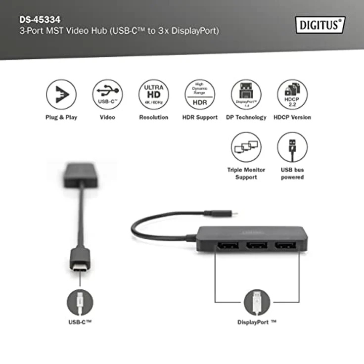 DIGITUS 3-Port MST Video Hub USB-C und 3x DisplayPort – Bild 2