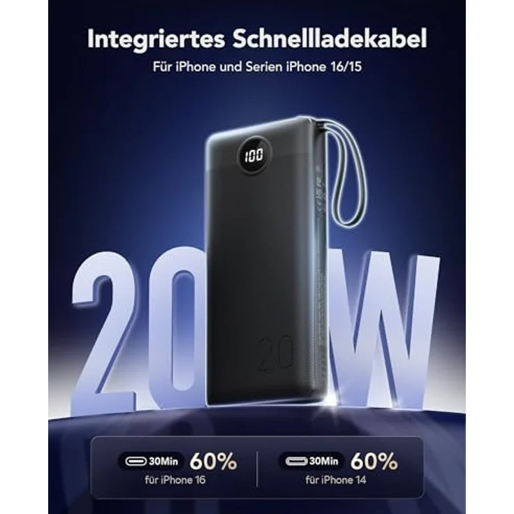 VRURC Powerbank 20000mAh, Tragbares Ladegerät mit integrierten Kabeln, Schnellladung 22,5W, LED-Anzeige, kompatibel mit iPhone, Huawei, Samsung – Bild 3