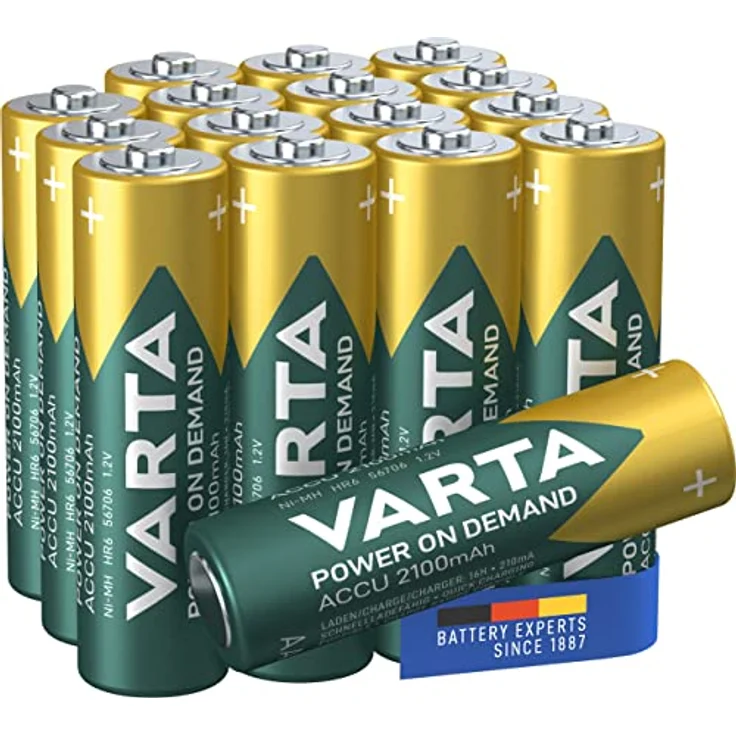 VARTA Batterien AA, wiederaufladbar, 16 Stück, Akku, Power on Demand, 2100 mAh Ni-MH, vorgeladen, sofort einsatzbereit  – Bild 1