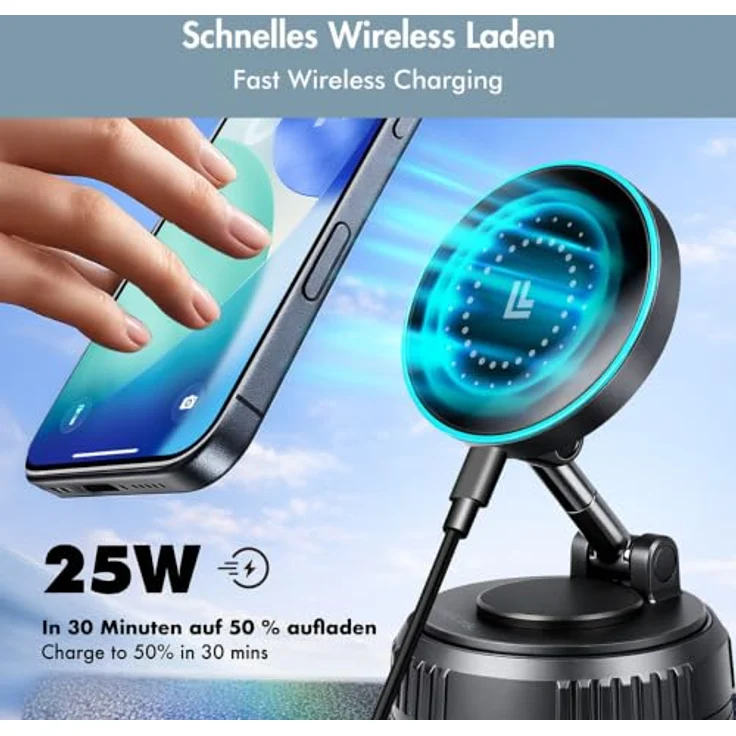 LogiLink Smartphone-KFZ-Magnethalter für induktionsladen, MagSafe-kompatibel mit 25 Watt Qi-Ladefunktion, drehbar um 360 Grad, Saugnapfbefestigung – Bild 2