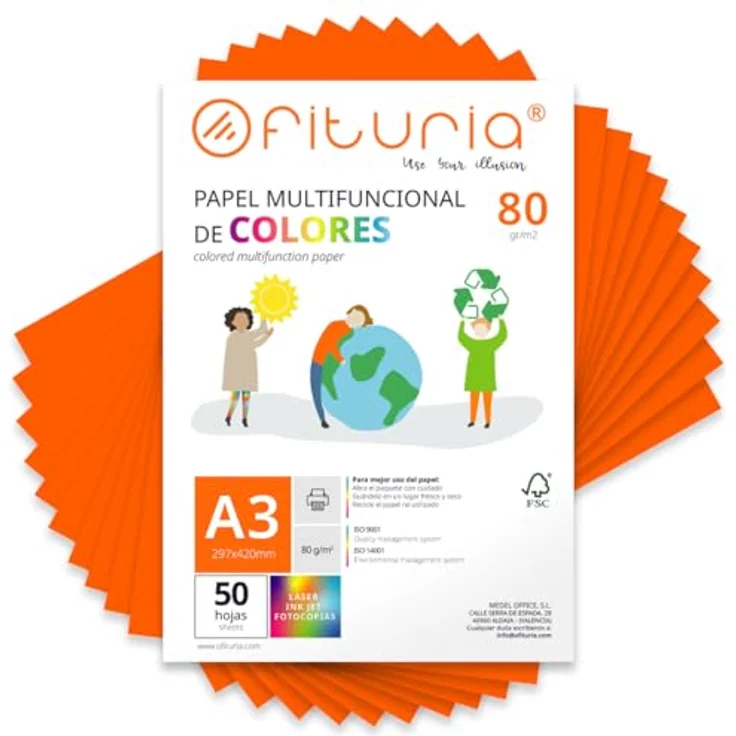 OFITURIA Buntes Papier, 50 Blatt A3 80g – Neonorange, ideales Bastelpapier für Drucker und Scrapbooking – Bild 1