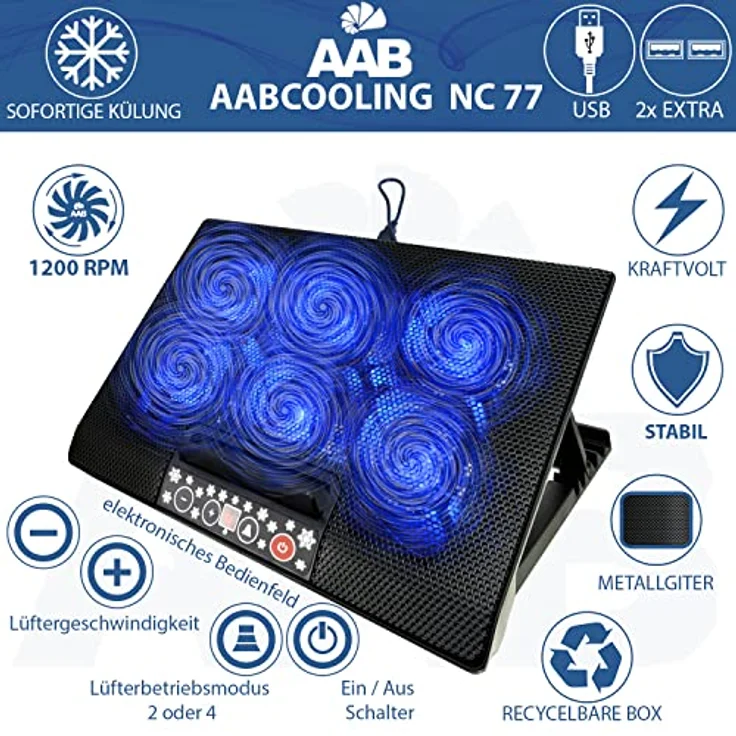 AAB Cooling NC77 - Laptop Lüfter Unterlage mit 6 Lüftern, Einstellbare Neigung und Blau LED, Cooling Pad, Laptop Stand, Auflage für Laptops bis 17 Zoll und PS4 / XBOX Consolen, Laptop Cooler – Bild 6