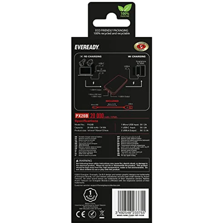 Energizer EVEREADY - Externer Akku 20000 mAh + USB-A/Micro-USB-Kabel - Schwarz – Bild 5