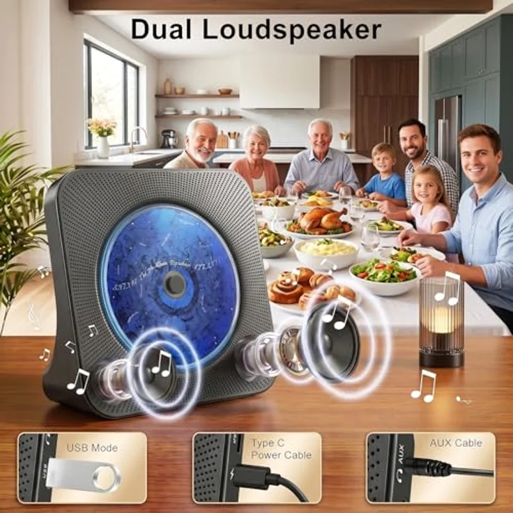 Gueray Multifunktionaler CD-Player mit Bluetooth 5.0 und Lautsprecher, FM-Radio, USB-Player, Schwarz – Bild 5