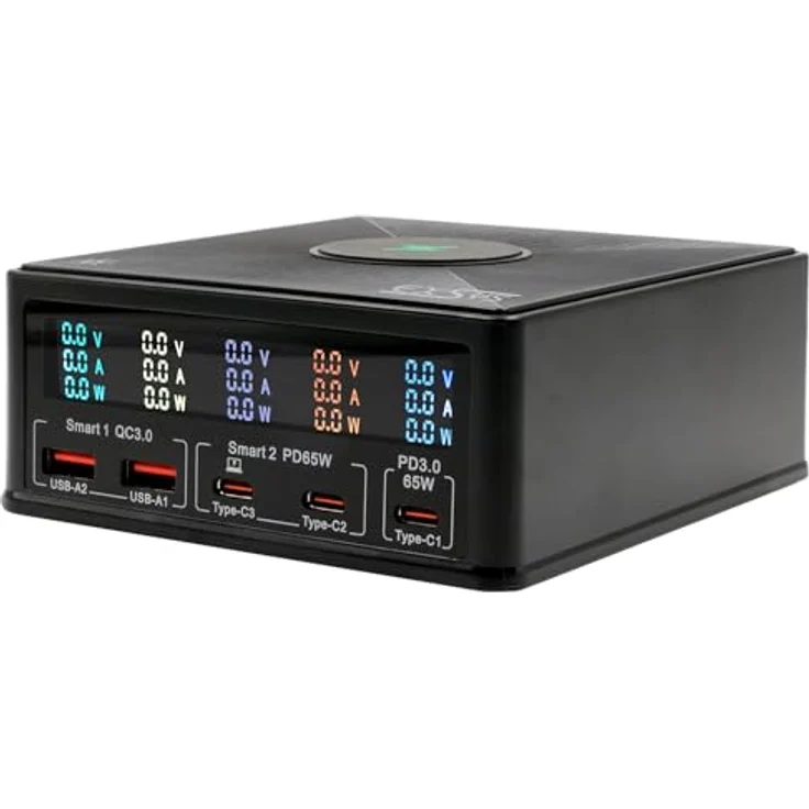 Exsys EX-1106 Multiport High Power Charger, 160W, QI 15W, USB-C PD, 6 Geräte gleichzeitig aufladen, mit Display – Bild 2