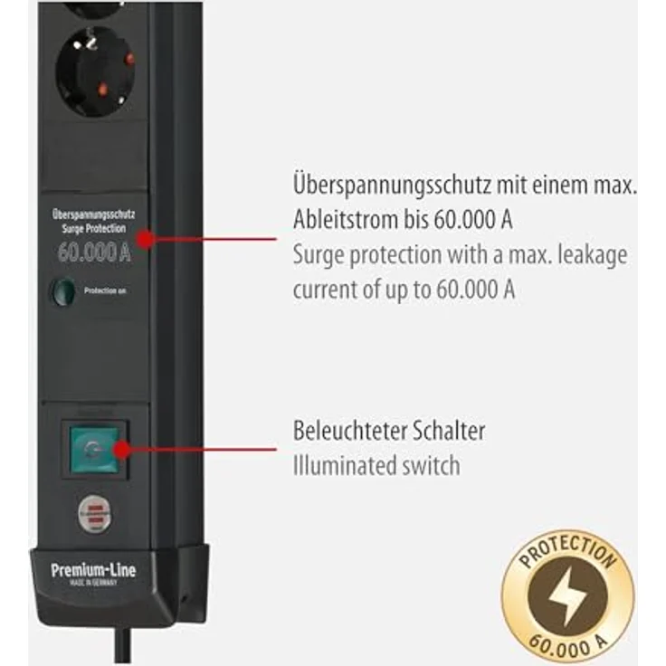 Premium-Line 60.000A Überspannungsschutz-Steckdosenleiste, 4-fach, schwarz, 1,8 m – Bild 3