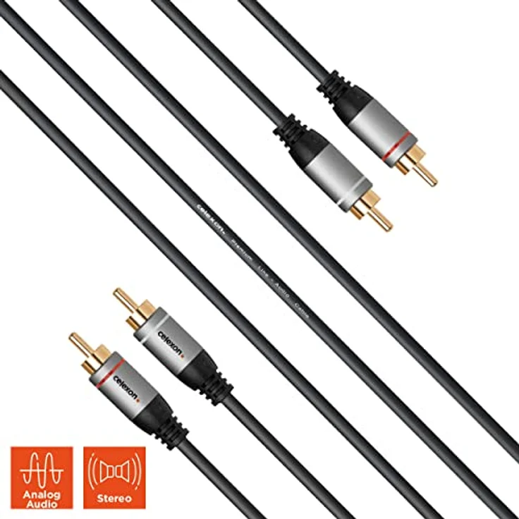 celexon 2x Cinch Stereo Audiokabel 10,0m - Professional Line, schwarz, 3-fach geschirmt, vergoldete Kontakte, flexibler Knickschutz – Bild 2