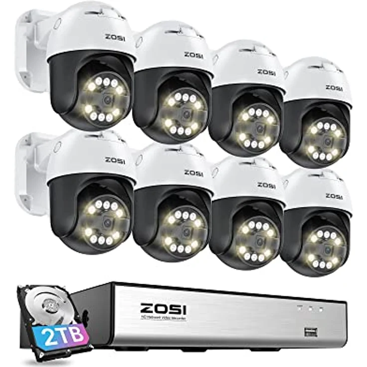 ZOSI 5MP PoE Überwachungskamera Set Aussen, 8X 355°/140° Schwenkbar IP Dome Kamera und 8CH 5MP PoE NVR mit 2TB HDD, 2-Wege-Audio, Ton- und Lichtalarm – Bild 1