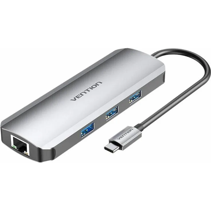 Vention USB-C-Dockingstation auf HDMI, 3x USB3.0, RJ45, SD, TF, PD 0,15 m TOKHB (grau) - 4K Auflösung, 100W PD, 5 Gbit/s Datenübertragung