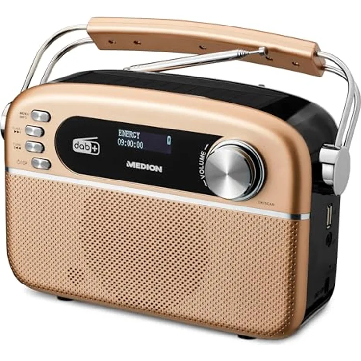 MEDION E66809 DAB Plus tragbares Solar Radio (Retro Design, Bluetooth, DAB+ UKW, integrierter Akku, USB Anschluss, AUX, Sleeptimer, Teleskopantenne) Kupfer