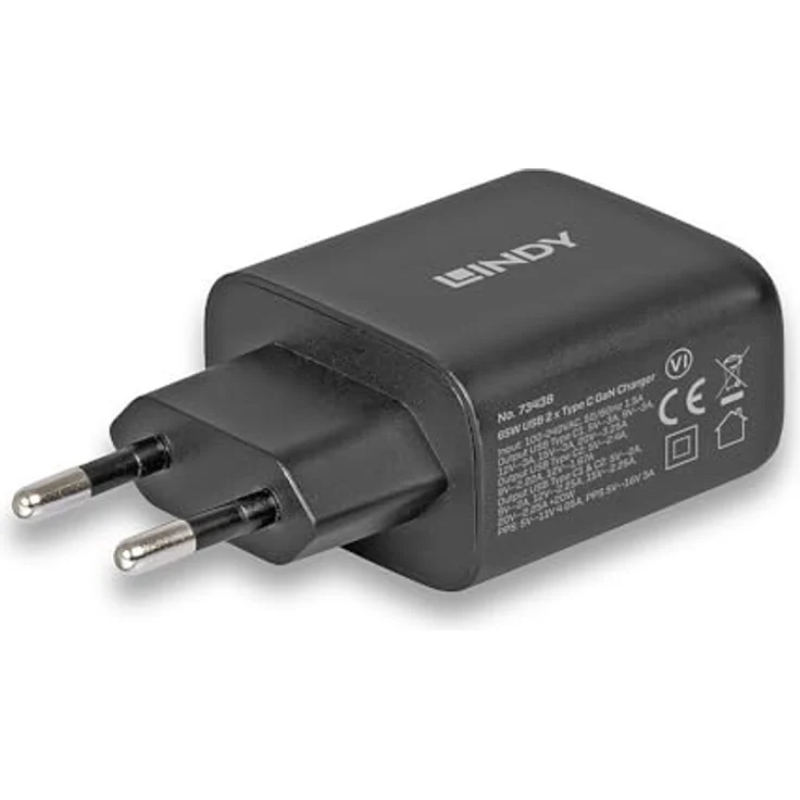 Lindy 65W USB 2 x Type C GaN Charger mit EU-Stecker, kompaktes und leistungsstarkes USB Ladegerät, Schwarz – Bild 2