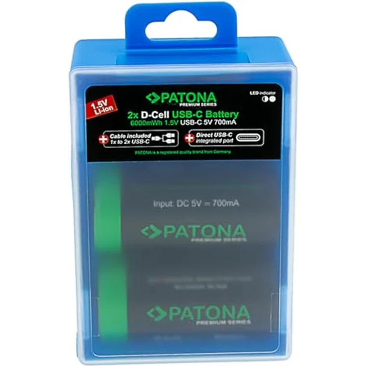 PATONA LR20 Mono D Akkus USB-C (2er Pack), 1.5V / 6.0 Wh/Aufladbar über USB-C (700mA), USB-C Ladekabel mit 2 Anschlüssen - 1412, wiederaufladbare Akkus für unterwegs und zu Hause – Bild 2