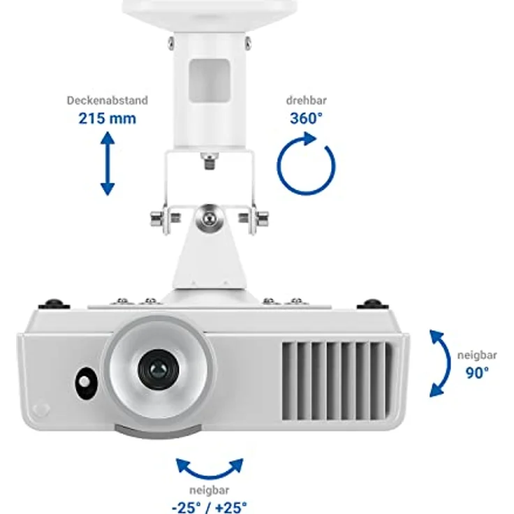 deleyCON Universal Beamer Projektor Deckenhalterung, neigbar bis +-25°, 360° schwenkbar, bis 15kg, Deckenabstand 215mm, Kabelführung, Weiß – Bild 5