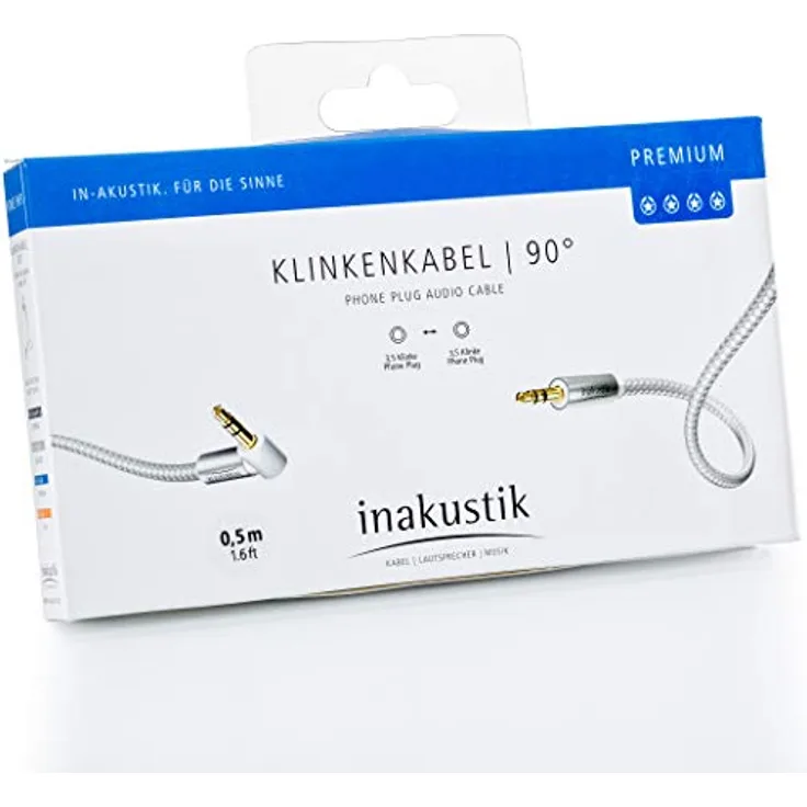 inakustik – 004104005 – Premium 3,5mm Klinkenkabel mit 90° Stecker | Für den Anschluss vom Smartphones, Tablets oder PC an HiFi-Verstärker | 0,5m in Weiß/Silber | moderner Geflechtschirm