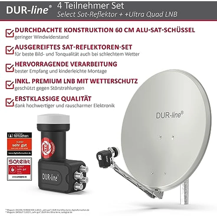 DUR-line Select 60/65 cm Sat Anlage 4 Teilnehmer Komplett Set hellgrau – Bild 3
