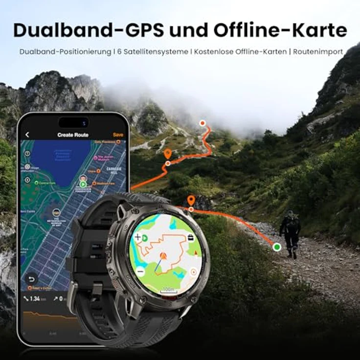 KOSPET Tank T4 GPS Smartwatch Herren, Edelstahl, 6 Satelliten-System, 10ATM wasserdicht (45 m Tauchen), 50 Tage Akku, Bluetooth-Anrufe, 24/7 Herzfrequenzmonitor – Bild 4
