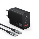 Anykon 65W USB C Ladegerät, 3-Port USB Schnellladegerät mit 2M Ladekabel, kompatibel mit MacBook Air/Pro M1/M2 und iPhone 16 Pro Max/15/14/13, intelligentem Chipschutz, tragbar und effizient
