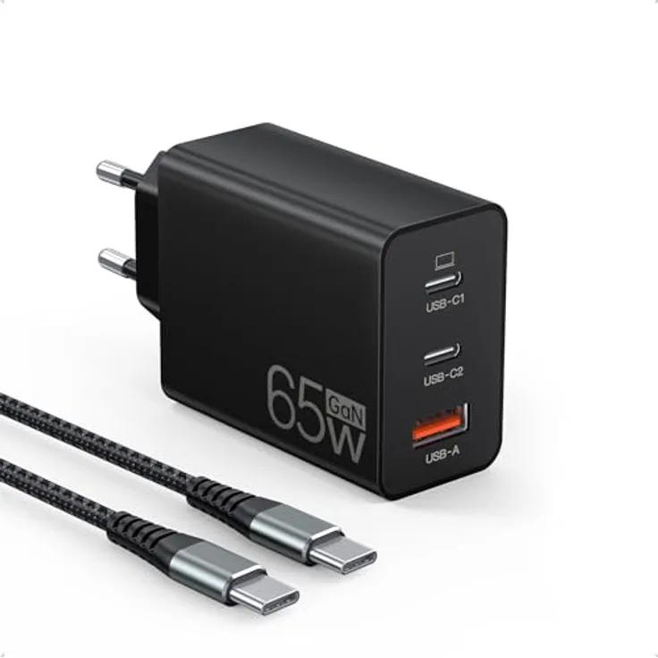 Anykon 65W USB C Ladegerät, 3-Port USB Schnellladegerät mit 2M Ladekabel, kompatibel mit MacBook Air/Pro M1/M2 und iPhone 16 Pro Max/15/14/13, intelligentem Chipschutz, tragbar und effizient