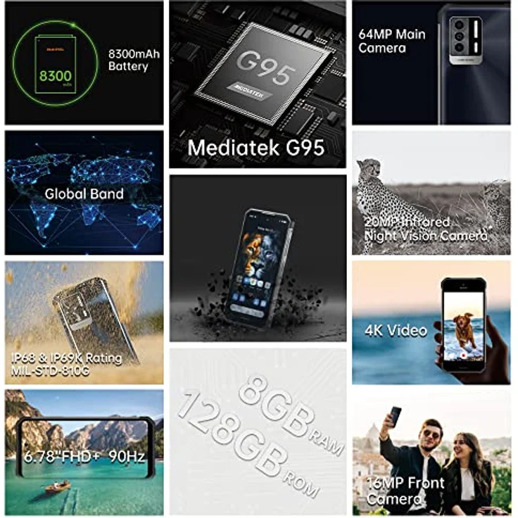 OUKITEL WP17 Outdoor Handy Ohne Vertrag, 64MP 20MP Nachtsichtkamera, Helio G95 8GB 128GB, 6,78'' FHD+, 8300mAh, 4G Global Bands, GPS NFC - Schwarz – Bild 2