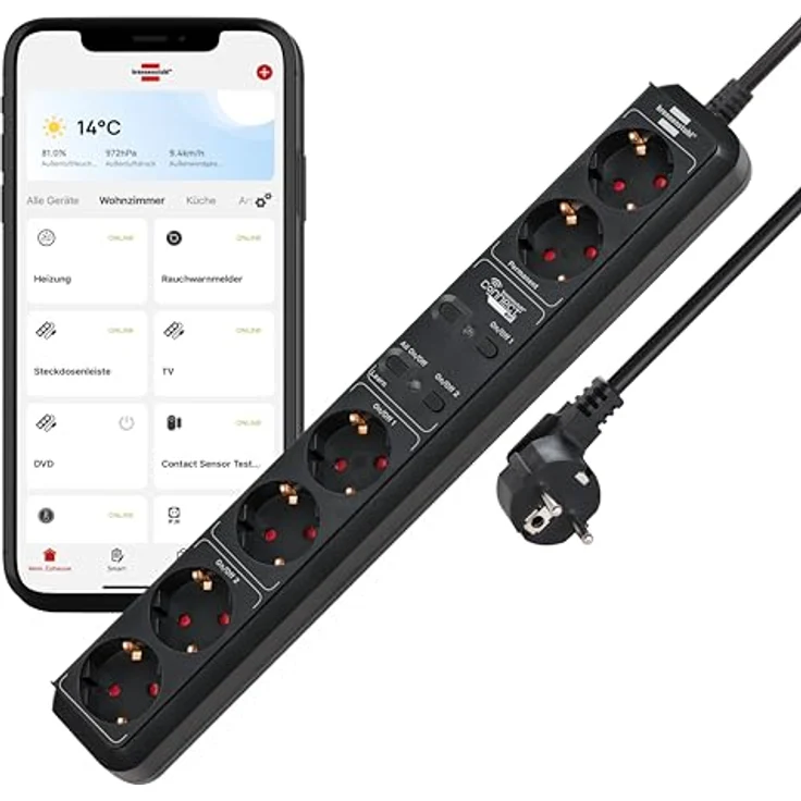 Brennenstuhl Connect Line WiFi Steckdosenleiste 6-Fach, intelligente Mehrfachsteckdose mit Sprachsteuerung, 2.4 GHz, kompatibel mit Alexa und Google Assistant, 1,5m Kabel, schwarz – Bild 1