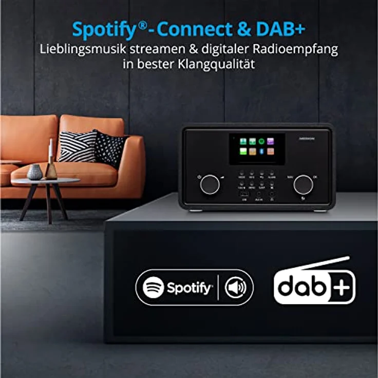 MEDION P85027 Internetradio (DAB Plus, UKW Radio, Spotify Connect, WLAN, Bluetooth, Streaming, Equalizer, Farbdisplay, USB, AUX, Wecker, Schlummerfunktion, Sleep Timer) schwarz – Bild 4