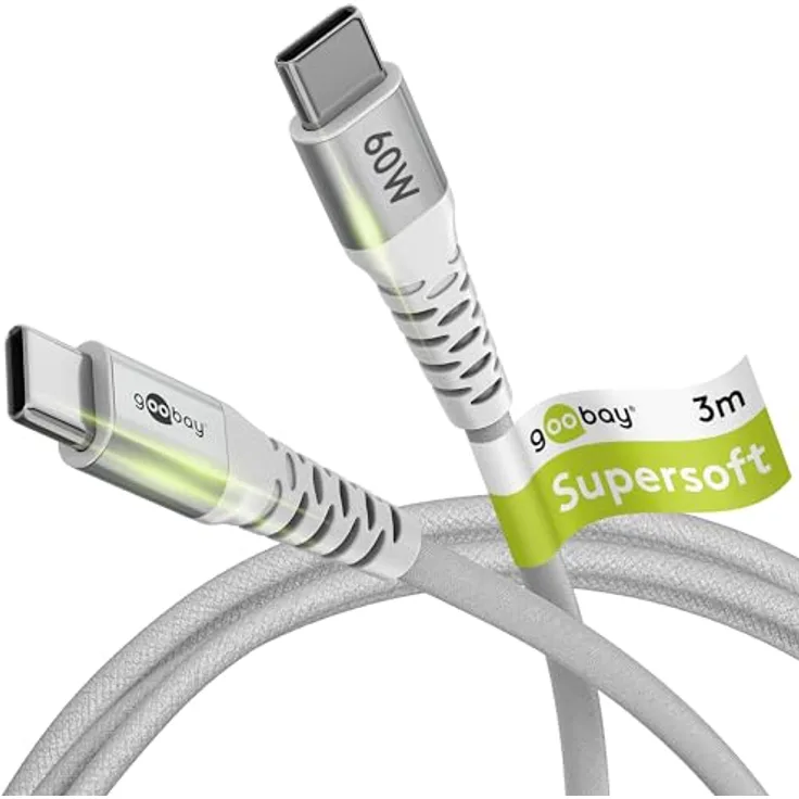 Goobay USB-C™-auf-USB-C™-Textilkabel, 3 m, weiß, mit Metallsteckern und Knickschutz, 60 W Leistung